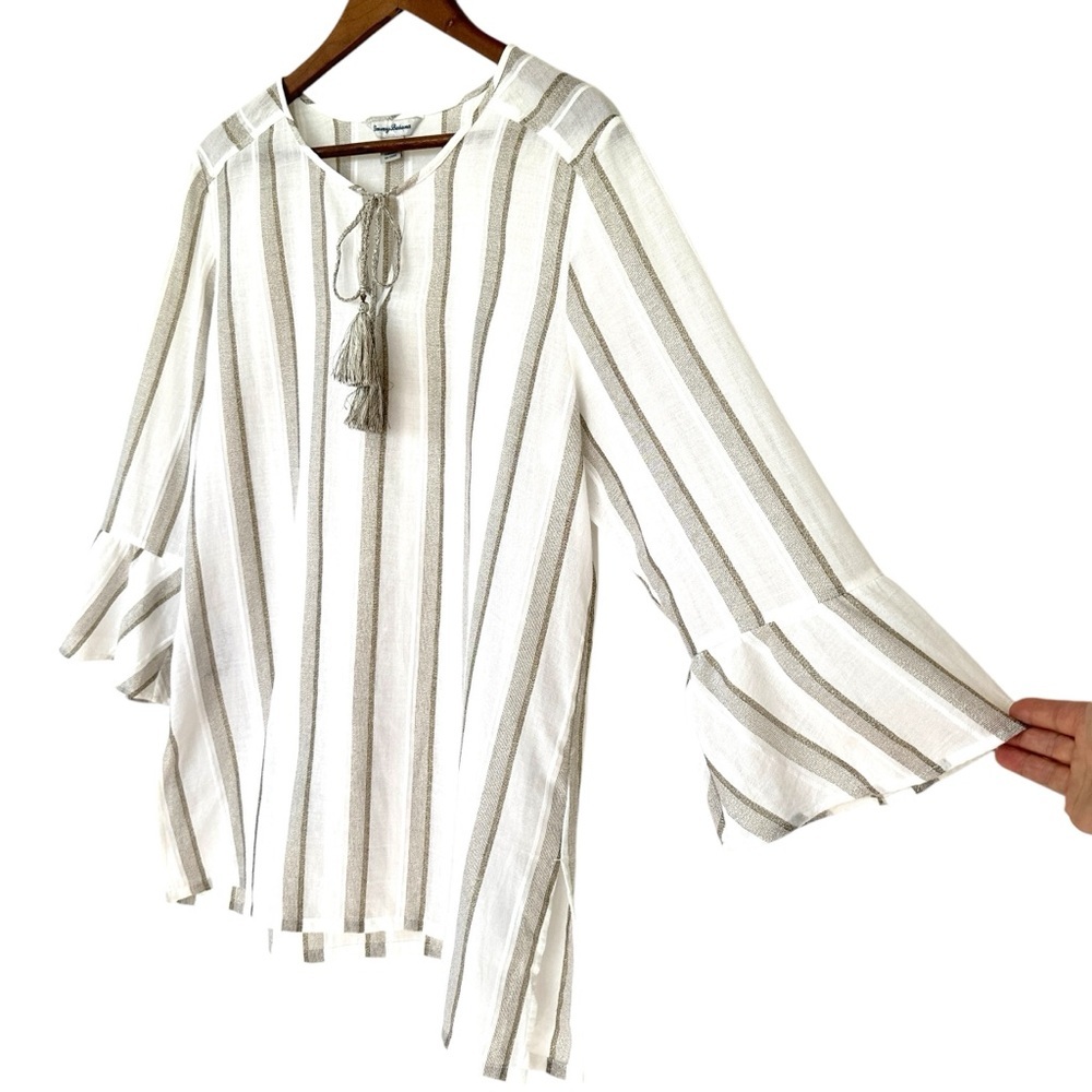 Striped White and Gray Swim Cover-Up - Reposhed Item"